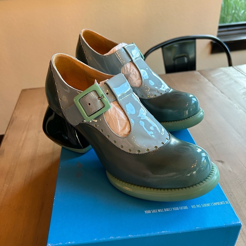 John Fluevog Teal and Mint Patent Leather Mary Janes